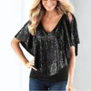 Wholesale- Women Lady Beautiful Sequin Sparkle Shawl Glitter Stretch Cotton Tops Short sleeve T-Shirts