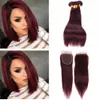 99J Feixes de Cabelo Humano Peruano Com 4 * 4 Encerramento Do Laço 4 Pcs Muito Borgonha Cabelo Liso Com Fecho de Vinho Tinto Feixes de Cabelo Com Top Encerram