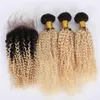 Raiz escuro Afro Crespo Encaracolado Malaio Virgem Do Cabelo Tece Com Ombre Loiro Frontal Ombre # 1B 613 Feixes De Cabelo Humano Com Fecho de Renda Frontal