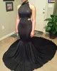 2023 Sexy Black High Neck Satin Mermaid Long Prom Dresses Lace Pailletten kralen backless avond zijsplaraat formele feestjurken