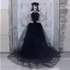 Vintage 2017 Brautkleider in A-Linie aus schwarzem Satin und Tüll, Gothic, sexy, überkreuzter Rücken, lange Brautkleider, nach Maß, China EN10310