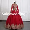 New Burgundy Muslim Wedding Dresses with Long sleeves African Wedding Ball Gowns with Gold Appliques Hijab Saudi Arabia Bridal Dre225r