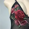 Sexy See Through Bodysuit Women Sheer Mesh Romper Floral Embroidery Leotard Backless Overalls Fashion Short Jumpsuit