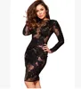 Sexy Club Dress Womens Mini Bodycon Dress Party Bandage Dresses Long Sleeves Bodysuit Lace patchwork see through Dress