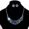 Vintage Tibetan Silver Plated Choker Necklace Earrings Jewelry Sets Personaly Bridal Large Blue Crystal Jewelry Set for women wedding bijoux