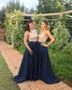 Real Photos 2019 Gold and Blue Bridesmaid Dresses Navy Blue Sheer Neck Major Beaded Floor Length Wedding Guest Party Prom Evening Gowns