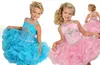 2022 Glitz Cupcake Girls Pageant Dresses Pink Organza babados de flores Dress Vestido de aniversário da moda Mini Vestidos de Crystal Ball