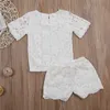 Bebek Giyim Bebek Çocuk Kız Dantel Katı Kısa Kollu Prenses Tişörtlü Şort Cep Dantel Pantolon Kız Kıyafetleri Bebek Giyim Seti kıyafetler