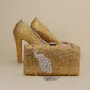 Mais novo Designer exclusivo Phenix Decoração Sapatos de Rhinestine de Ouro com Saco de Correspondência Proms Festa Nupcial Casamento High Beels Mulheres Stiletto