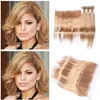 Peruansk # 27 Honey Blonde Human Hair Weaves With Frontal Light Brown Silky Rak 13x4 Full Lace Frontal med 3 buntar förlängningar