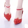 발목 스트랩 하이힐 아름다운 빨간 신부 신발 레이스 플랫폼 반짝이 장식 조각이있는 섹시한 공식 드레스 슈즈 Party Prom Pumps Pointed Toe