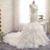 Tulle Long Sleeve Mermaid Tiered Skirts Jewel Appliques Plus Size Trumpet Wedding Gowns Court Train Sexy Corset Wedding Dress