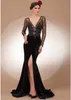 섹시한 검은 색 이브닝 레이스 코르셋 딥 v 목 롱 슬리브 아플리케 프론트 스플릿 스위프 트레인 맞춤형 가운을 가진 무도회 드레스