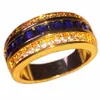 Fashion 10KT Yellow Gold GF Rings Square Diamond Simulated Zirconia Blue Sapphire Gemstone Engagement Anniversary Band Ring for Men Women