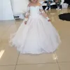 Sheer Long Sleeves Flower Girl Dress with Bow Lovely Puffy Tulle Ball Gown Pageant Dress Christmas Dress Lace Applique Flower Girls Dresses