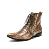 2019 New Arrival Jesień Zimowe Mężczyźni Buty Moda Rock Siły Palec High Zwiększone Western Short Boots Gold Snake Wzór, Duży Rozmiar 38-46