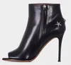 Zwart Glad Lederen Vrouwen Open Teen Enkellaarzen Metalen Stars Booties Terug Dames Hoge hak Laarzen Rits Zijde Vrouwelijke Herfst Mode Laarzen