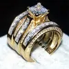 Luxury Real solid 14K yellow gold Filled Ring Set 3-in-1 Wedding Band Jewelry For Women 20ct 7*7mm Princess-cut Topaz Gemstone Rings finger
