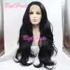 Bytheir Naturlig hårlinje Glödesvärld Värmebeständig Fiber Hår Parykor För Svart Kvinnor Lång Jet Black 1 # Vågig Syntetisk Lace Front Wig