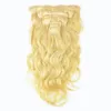 Brésilien Remy cheveux Clip-in Tête Complète Extensions de Cheveux Humains Vague de Corps Blonde Couleur 613 9pcs / Set 120G 14-28 pouces