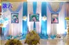 Ny Bröllop Bakgrundsinredning 3x6m Is Silk Vit Bröllop Bakgrund Gardiner med Tiffanly Blue Swag Sequins Pläterad Bröllopsfest dekoration
