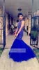 2020 African Style Royal Blue Mermaid Prom Dresses Evening Wear Halter Major Beading Crystal Evening Gown Sexy Open Back Formal Pa5509408