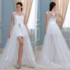 Parte delantera corta, larga, trasera, vaina, vestidos de novia de playa, apliques blancos, encaje con cuentas, falda quitada, vestidos de novia, joya, manga corta, vestido de novia