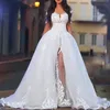 Arabic White Elegant Off The Shoulder Wedding Dresses with Overskirt Long Sleeve Lace Bridal Wedding Ball Gowns with Detachable Train