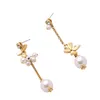 Fashion Wholesale Costume Jewelry Gold Leaves Pearl Beads Long Dangle Asymmetric Earrings for Women Pendientes Mujer Moda