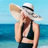 Women Foldable Floppy Letters Sequin Embroidery Straw Sun Hat Summer Wild Large Brim With Ribbon Trim Beach Cap UV Protection