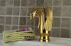 Wholesale- Bathroom Swan Faucet Gold Finish Single Tap waterfall Sink Faucets Handles Vintage Antique Brass