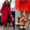 2017 nuove donne di arrivo palla di pelo tacchi alti pom pom sandali sandali gladiatore cinturino alla caviglia sexy scarpe da festa tacco sottile