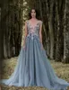 2019 Paolo Sebastian Kant Prom Dresses Sheer Pluking Hals geappliceerd Partyjurken Goedkope Sweep Train Tule Kralen Avondkleding voor Dames