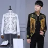 Black White Tassels Shining Sequins Jacket Coat Tide Slim Outerwear Nightclub Bar Men Singer Chorus Host Stage Outfit Performance Costume