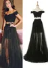 Tule off-the-ombro duas peça vestidos de noite preto applique ver através do vestido de baile com cristais vestidos festa