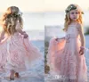 Pembe Bir Çizgi Çiçek Kız Elbise Dantel Aplike Ruffles Çocuklar Resmi Giyim Kolsuz Long Beach Kızlar Yarışması Gowns