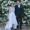 Büyüleyici V Boyun Sheer Kollu Gelinlik Saten A Hattı Yüksek Düşük Gelinlikler Ülke Düğün Vestidos Custom Made
