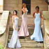 2016 Custom Brides Maids Dresses Sexig Sweetheart Neck Elegant Ljus Sky Blå Sliver Mermaid Backless Satin Bridesmaids Klänning Gratis Frakt