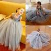 Ljusgrå Tulle Ball Gown Girls Pageant Klänningar med Chiffon Straps Billiga Flower Girl Dress for Wedding Baby First Communion Dresses