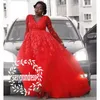 African Red Ball Gown Wedding Dresses Lace V Neck Long Sleeves Bridal Gowns Tulle Ball Gown Plus Size Women Wedding Vestidos Custom Made