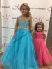 Jolies filles enfants infantile robes de pageant 2019 dentelle dos dos bleu ciel cristaux bleu cristaux strass bling petit bébé anniversaire robe
