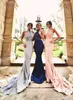2023 Sexig spetspärrad halter sjöjungfru aftonklänningar Satin Applique Long Prom Dresses Backless Court Train Rosa Silver Royal Blue Dress