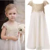 2020 Vintage Wedding Flower Girls Dress Square Neck Korta Ärmar En Linje Champagne Lace Elfenben Tulle Lång Kids Formella Klänningar