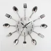 Wholesale-New Design Happy Gifts Fashion Creative Modern Design Sliver Cutlery Kitchen Utensil Wall Clock Spoon Fork Clock