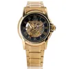 Merk winnaar Luxe Black Skeleton Romeinse nummer Zelfwind Mechanische Horloges Golden Case Band voor Mannen Beste Gift