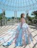 뜨거운 판매 하늘색 꽃 소녀 드레스 레이스 3D 꽃 아플리케 민소매 띠 활 어린 소녀 미인 대회 드레스 공주 저렴한 생일 드레스