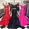 Two Piece Mermaid Prom Dresses Off Shoulder Crop Top Satin Tiered Ruffles Red Light Pink Long Graduation Dresses Party Dresses SWE4081090