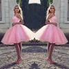 Tutu Pink Kne-Length Prom Dress Stylish stropplös pärlspetsapplikationer Pretty Cocktail Party Dress Puffy Tulle Short Lovely Even342s