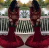 Sexy Keyhole Neck Two Pieces Mermaid Lace Prom Dresses 2018 Sheer Long Sleeves Burgundy Satin Prom Dress Cheap Crop Top Formal Dresses