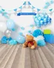 Pasgeboren baby verjaardag foto achtergrond blauwe ballonnen teddybeer hout vloer fotografie achtergrond partij studio fotobooth prop